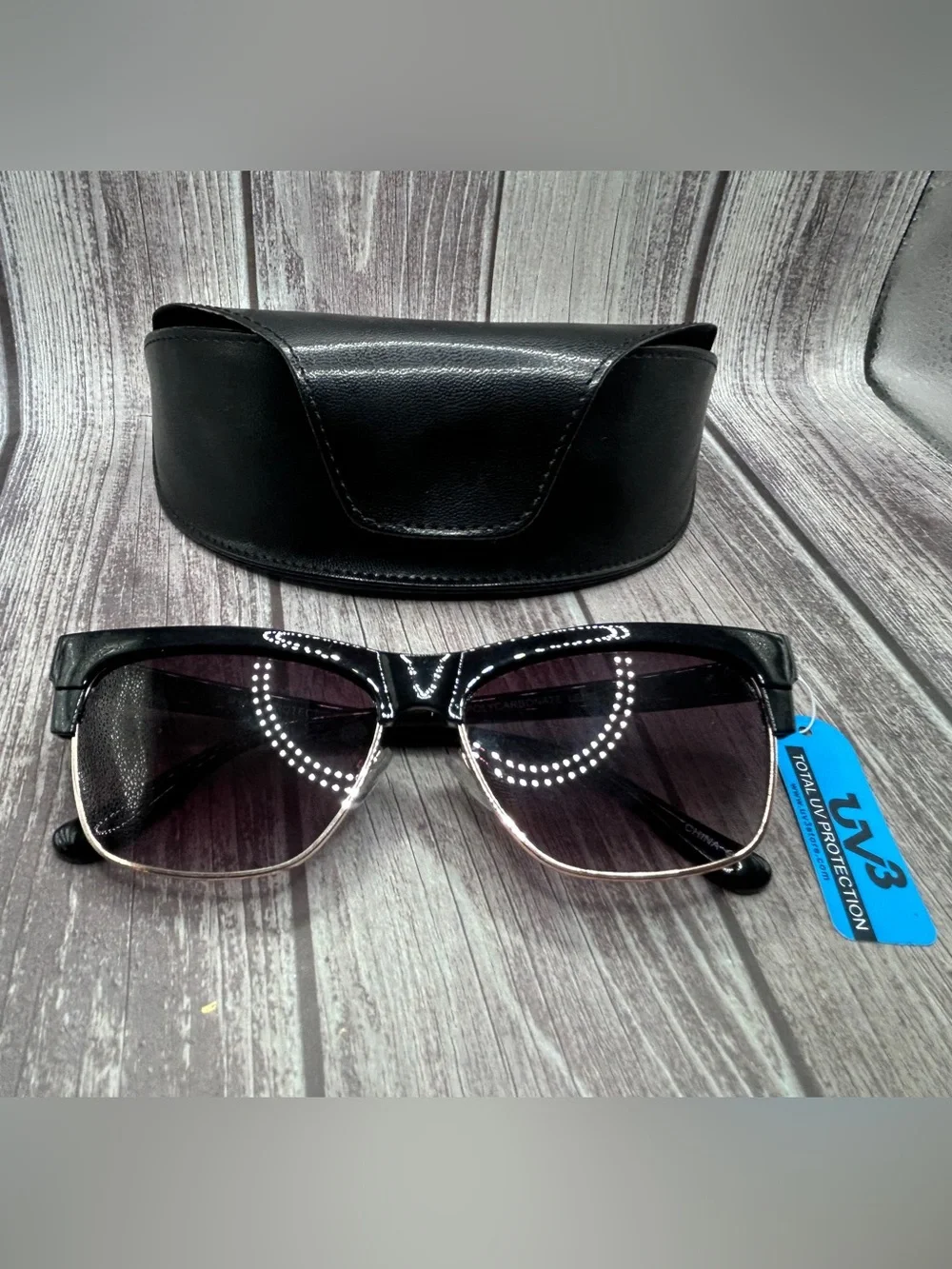 NWT UV3 Browline Clubmaster Sunglasses Black with Hard Case